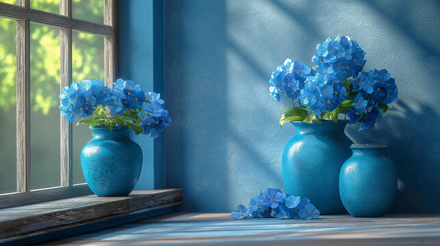 Three blue ceramic vases with blue flowers on a windowsill on the background of a blue wall. One vase is empty