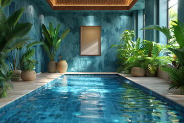 A spacious indoor swimming pool enclosed by lush greenery plants, creating a relaxing oasis, mockup