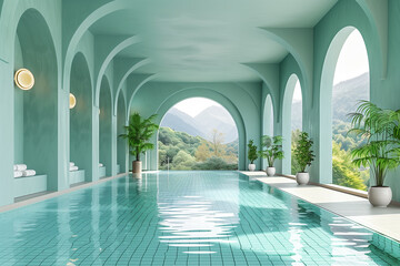 A large indoor swimming pool with arches surrounding it in a stylized mockup setting