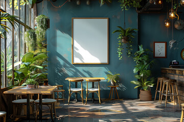 A room abundantly filled with numerous plants placed on various tables, mockup - obrazy, fototapety, plakaty