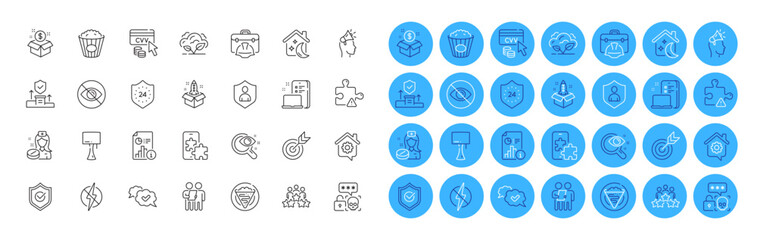 Fototapeta premium Puzzle, Table lamp and Work home line icons pack. Brand ambassador, Post package, Target web icon. Security, Cyber attack, Device pictogram. Sleep, Phone puzzle, 24 hours. Cvv code. Vector