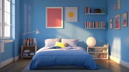 Cozy bedroom with blue walls, sunny window, and colorful decor, perfect for interior design and lifestyle concepts.