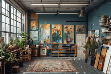 A room abundantly filled with various green plants and colorful paintings adorning the walls