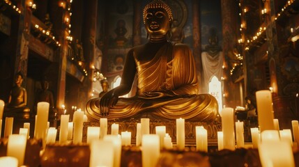 Illuminated by candles, a golden Buddha statue sits in meditation against a temple backdrop with intricate murals. Warm tones envelop the serene scene. Ideal for spirituality and religion themes. - Powered by Adobe