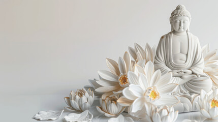 A white Buddha statue in meditation, with pink lotus flowers and green leaves on water, under a soft rain. Vesak day background