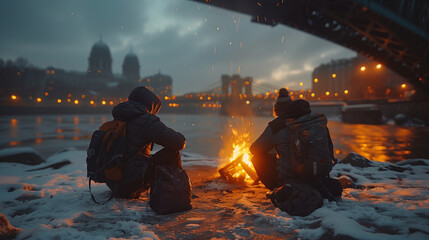 Bridge refuge: Homeless people gather under bridge, sitting around fire for warmth and companions - obrazy, fototapety, plakaty