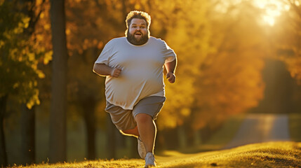 Funny overweight man jogging on the road - obrazy, fototapety, plakaty