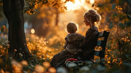 A mother and her child enjoying nature on a woodland bench