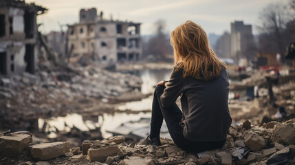 Fototapeta premium A woman cries near a house that was destroyed