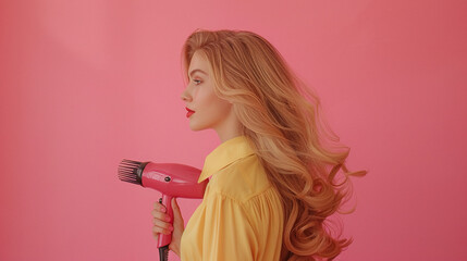 girl model haircolor , showing ombre color , holding hair dryer, hair color, salon portraits or banners