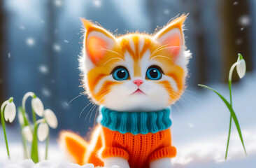 Spring card poster for calendar with cute miniature tabby kitten, in knitted jumper, with snowdrops in the background. Lovely thoroughbred kitty. Spring banner wallpaper