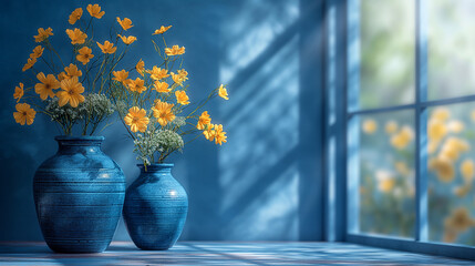 Yellow flowers in two ceramic vases on a window sill under sun