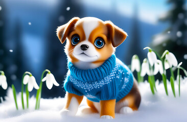 Spring card poster for calendar with cute miniature puppy, in knitted jumper, with snowdrops in the background. Lovely thoroughbred dog on a snow-covered wooden. Spring wallpaper