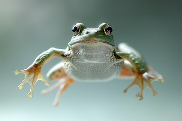 Naklejka premium Jumping or falling cute funny frog isolated on white and gray background. 