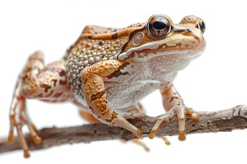 Naklejka premium Tree frog climbing the branch isolated on white background. Close up detailed photography of a beautiful amphibian animal. 