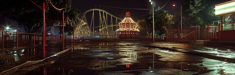 empty amusement park in the night with lights of blue and magenta colors