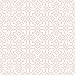 Fototapeta premium Vector floral seamless pattern in arabesque style. Elegant pink and white texture with flowers, leaves, petals, curved shapes. Simple geometric background. Abstract oriental ornament. Repeat design