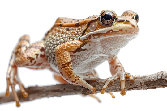 Tree frog climbing the branch isolated on white background. Close up detailed photography of a beautiful amphibian animal.
