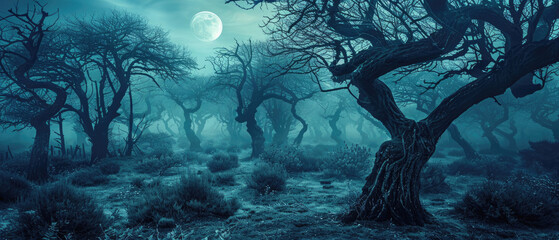 Fantasy forest with spooky crooked trees, moon and mystic light, dark magical scary woods. Cinematic view of fairy tale world. Concept of haunted nature, night, movie, background