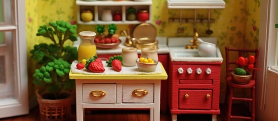 This image showcases a dollhouse miniature toy kitchen featuring a stove, a sink, and various potted plants. The setting is complete with strawberries and lemons,