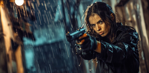 Obraz premium Young woman in black jacket points gun in rain, police officer or killer holding weapon at night. Female detective with pistol on dark street. Concept of spy, thriller movie, murderer