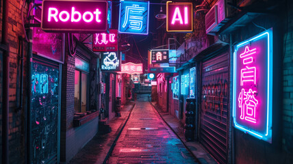 Neon store signs of AI and Robot on wet deserted city street at night, grungy dark alley with purple and blue light. Concept of dystopia, cyberpunk, shop, technology and future - obrazy, fototapety, plakaty