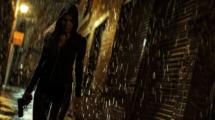 Young woman in black clothes walks with gun in rain, mercenary or killer holding weapon on dark alley. Female person and pistol at night. Concept of spy, movie, murderer, people.