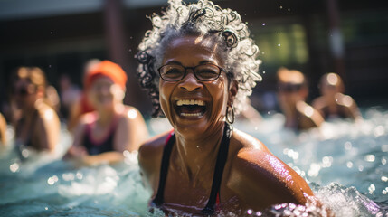 Happy healthy senior woman enjoying active lifestyle swimming in the pool - obrazy, fototapety, plakaty