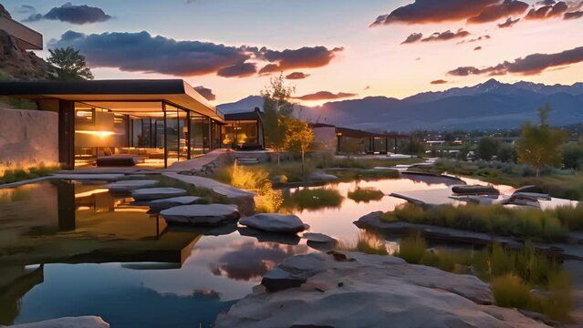Set against a backdrop of towering mountains this residence integrates sculpted earthworks and water features to create a truly unique and aweinspiring landscape. A true homage