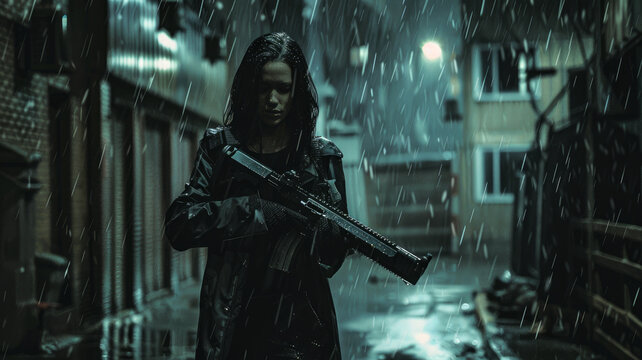 Young woman walks with machine gun in rain, mercenary or killer in black holding weapon on dark street. Armed female person in city at night. Concept of action movie, murderer, people