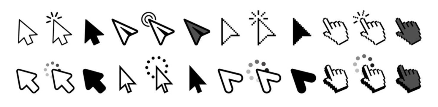 Set of Hand Cursor icons click and Cursor icons click. Pointer cursor сomputer mouse icon. Clicking cursor, pointing hand clicks icons