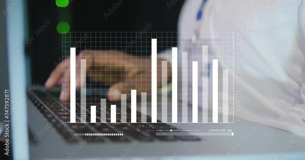 Poster animation of data processing and diagrams over biracial man using laptop