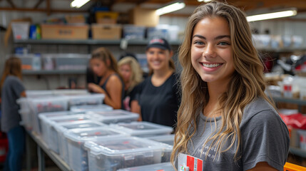 Compassionate volunteer organize aid and essential supplies for refugees and homeless individuals