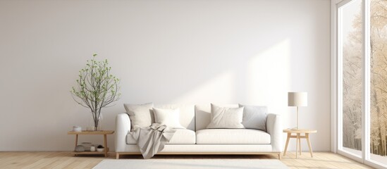 Fototapeta na wymiar A simple and elegant living room featuring a white couch, a white rug, wooden flooring, decorative vases, and artwork on the wall. Sunlight filters in through a large window,