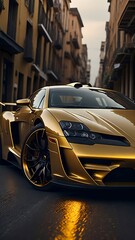 golden sport car in the road for background or wallpapers - obrazy, fototapety, plakaty