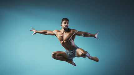 Sporty man jumping. Dynamic movement. Side view. Sport and healthy lifestyle