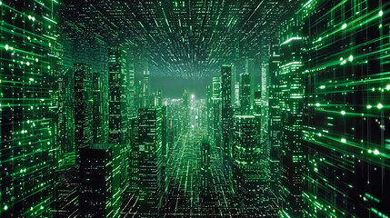 Green matrix city background with skyscrapers and streets. the concept of isotericism and non-reality of the world