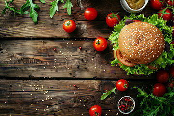 Burger with cheese, tomatoes, salad on the wooden table in the kitchen, closeup