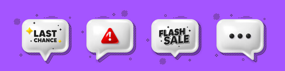 Offer speech bubble 3d icons. Last chance sale tag. Special offer price sign. Advertising Discounts symbol. Last chance chat offer. Flash sale, danger alert. Text box balloon. Vector
