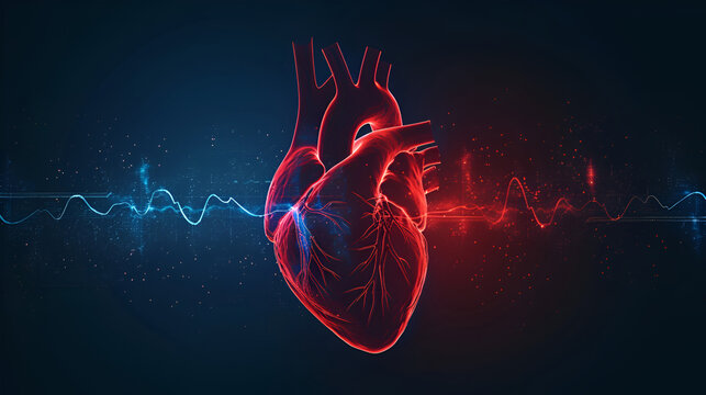 Digital 3D Illustration Of A Human Heart With Blue Digital Red And Blue Cardiac Pulse Line. On A Black Background With Copy Space. Heart Health, Cardiology, Cardiovascular Disease Concept