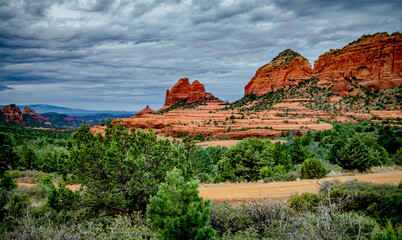 Red rock formations of Damfino Canyon in Sedona Arizona on a cloudy day - 747593230