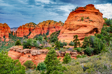 Red rock formations of Damfino Canyon in Sedona Arizona on a cloudy day - 747593262