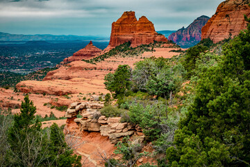 Red rock formations of Damfino Canyon in Sedona Arizona on a cloudy day - 747593454