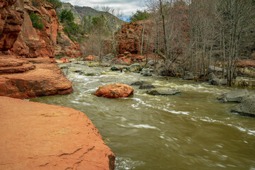 Red sandstone rocks in Oak Creek Canyon near Sedona Arizona - 747593666