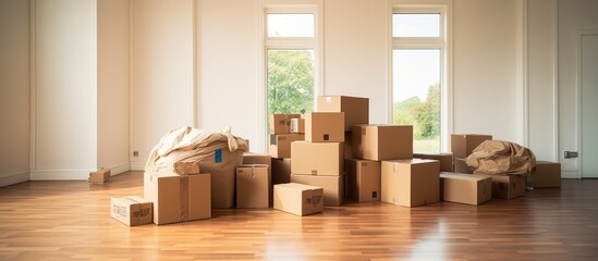 Several cardboard boxes are stacked on top of each other, placed on a polished hardwood floor. The boxes appear to be moving boxes, suggesting a recent move to a new home. - obrazy, fototapety, plakaty