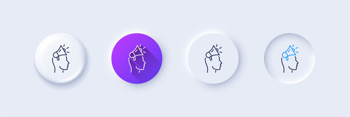 Brand ambassador line icon. Neumorphic, Purple gradient, 3d pin buttons. Megaphone sign. Advertisement device symbol. Line icons. Neumorphic buttons with outline signs. Vector