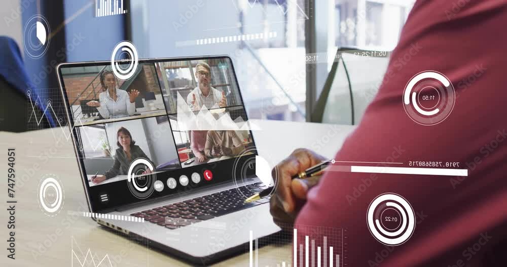 Poster animation of data processing and diagrams over diverse colleagues having video call