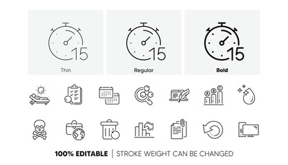 Document attachment, Computer and Recovery data line icons. Pack of Timer, Water drop, Inspect icon. Lounger, Chemistry lab, Calendar pictogram. Copyright laptop, Recovery trash. Line icons. Vector