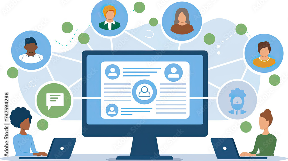 Poster multiple individuals standing around a computer screen, engaged in discussion and viewing content to