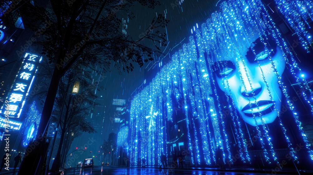 Poster a large display of blue lights adorns the side of a building, creating a striking and colorful visua